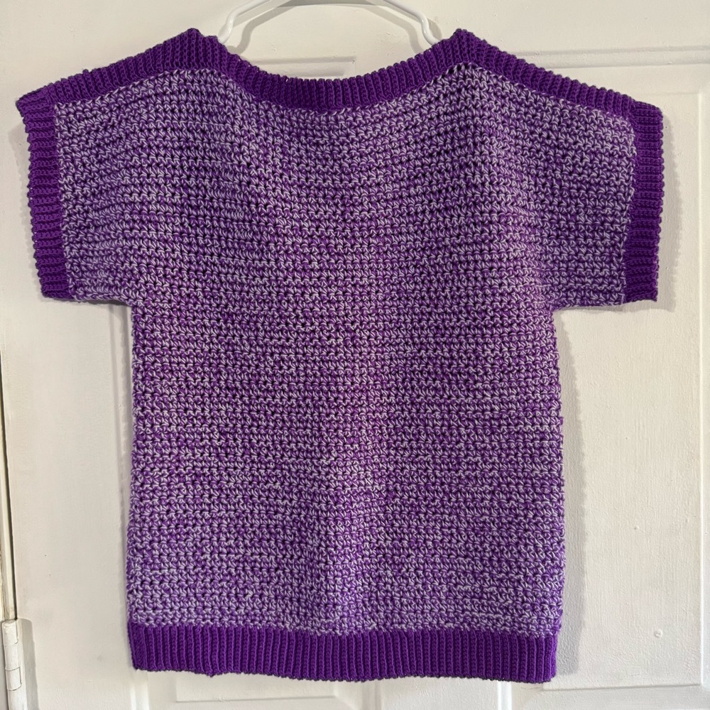 Handmade Short Sleeve Sweater T Shirt Crochet Knit Purple And White Fits Small